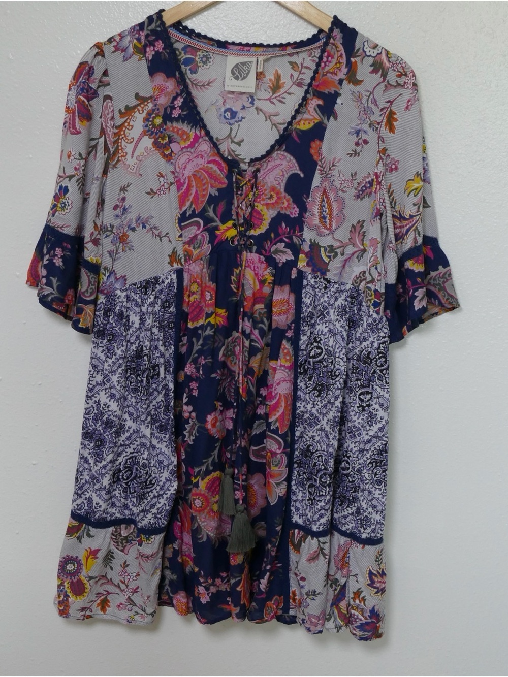 Lilka Anthropologie XS Patchwork Floral Paisley Boho Tunic Dress Tassel Tie